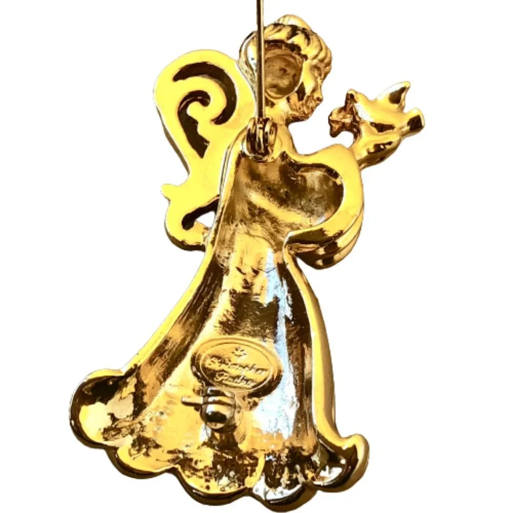 Christopher Radko Vintage Christmas Angel Brooch Blue Enamel Rhinestones Dove